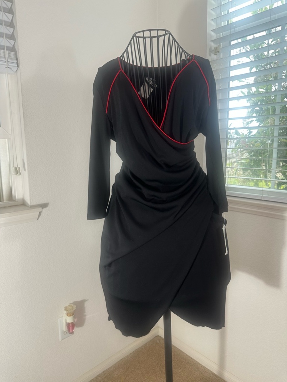 Vintage Made in he USA Jodi Kristopher Black Wrap Dress with Red Trim